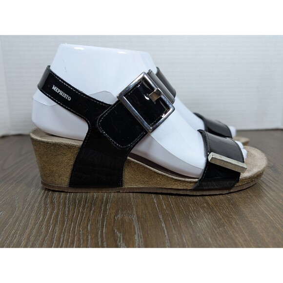 MEPHISTO Patent Leather Strap Sandals US 6.5-7 EU 37 Black Wedges Buckle Logo - Picture 7 of 14